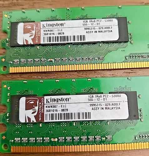 Kingston KWK007-ECC Memory Module 1GB 1Rx8 PC2-5200 Desktop PC RAM 2 Pcs - Picture 2 of 3
