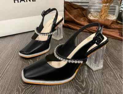 Pumps Damenschuhe 8 CM Schwarz Gurt Strass Elegant Leder Kunststoff 35261