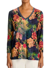 BNWT Johnny Was The Janie Favorite 3/4 Sleeve V-Neck Tee Top Catalina Blu M 130