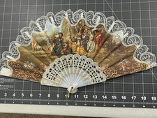 Spanish FOLDING FAN Jardin de Amor Signed Rubens Vintage Canvas And Lace