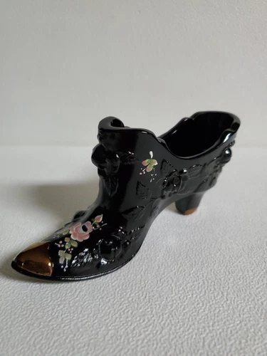Fenton Art Glass Slipper Shoe Hand Painted Floral Rose Signed Gold Toe Heel
