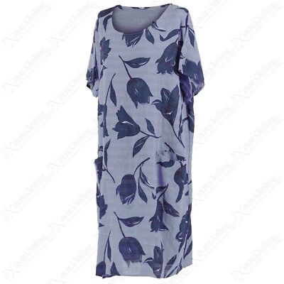 NEW LADIES OVERSIZED TULIP PRINTED LINEN MIDI LAGENLOOK DRESS WITH POCKETS  | eBay UK