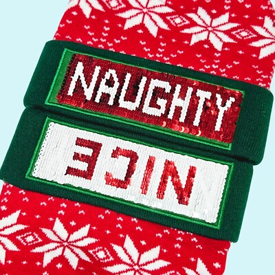 BUNDLE Christmas Hat Beanie Reversible Naughty Nice Sequins & 1 Pair Socks Gift BUNDLE Christmas Hat Beanie Reversible Naughty Nice Sequins  main image 2