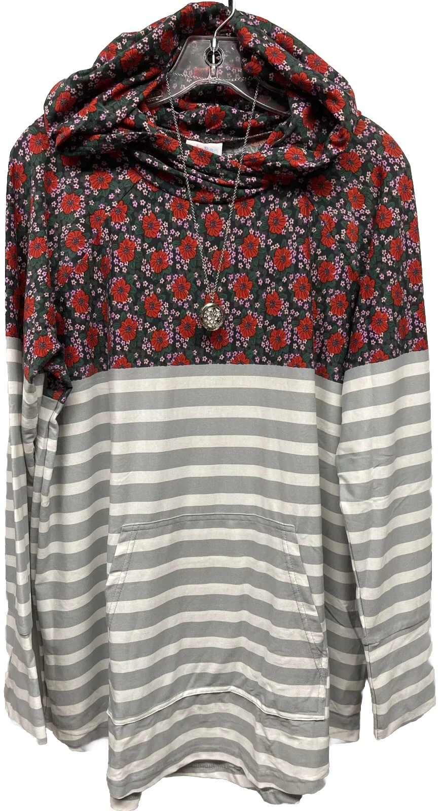 NWT LuLaRoe XL Gray White Striped & Dainty Floral Amber Hooded SWEATSHIRT
