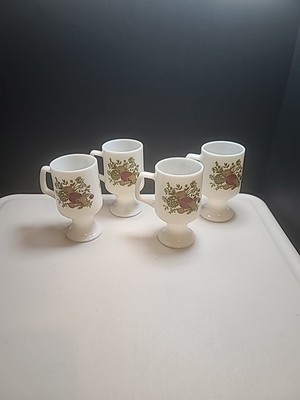 CorningWare Spice of Life Vintage Pedestal Milk Glass Mugs Set of 4