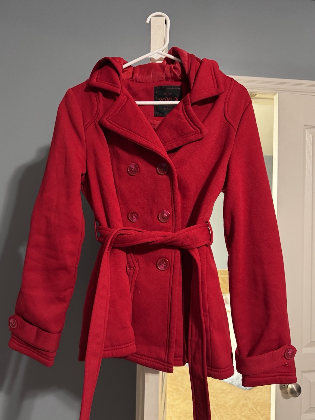Yoki Women’s Red Belted Peacoat with Hood – Size Large