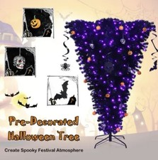 New 6ft Upside Down Christmas Halloween Tree w 270 Purple LED Lights Black Decor