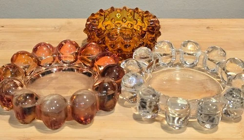 Lot of 3-Boopie 5" Bubble Glass Trinket Dish/3.5" Fenton"hobnail" Amber ashtray.