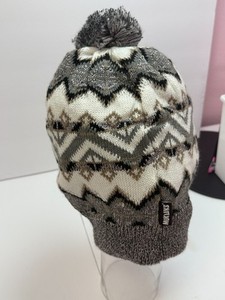 MUK LUKS Fair Isle Knit Pom Beanie Hat Gray Cream Metallic Winter Warm