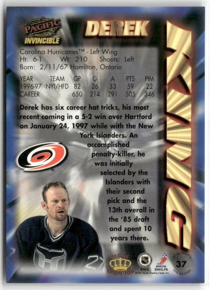 1997-98 PACIFIC INVINCIBLE DEREK KING CAROLINA HURRICANES #37 - Image 2 of 3