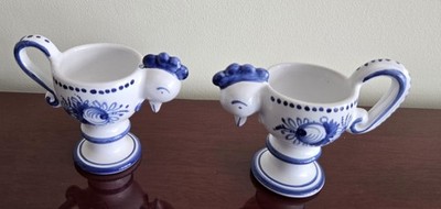 Set of Two Czech Folk Ceramic Chicken Hen Egg Cups- Hand Painted