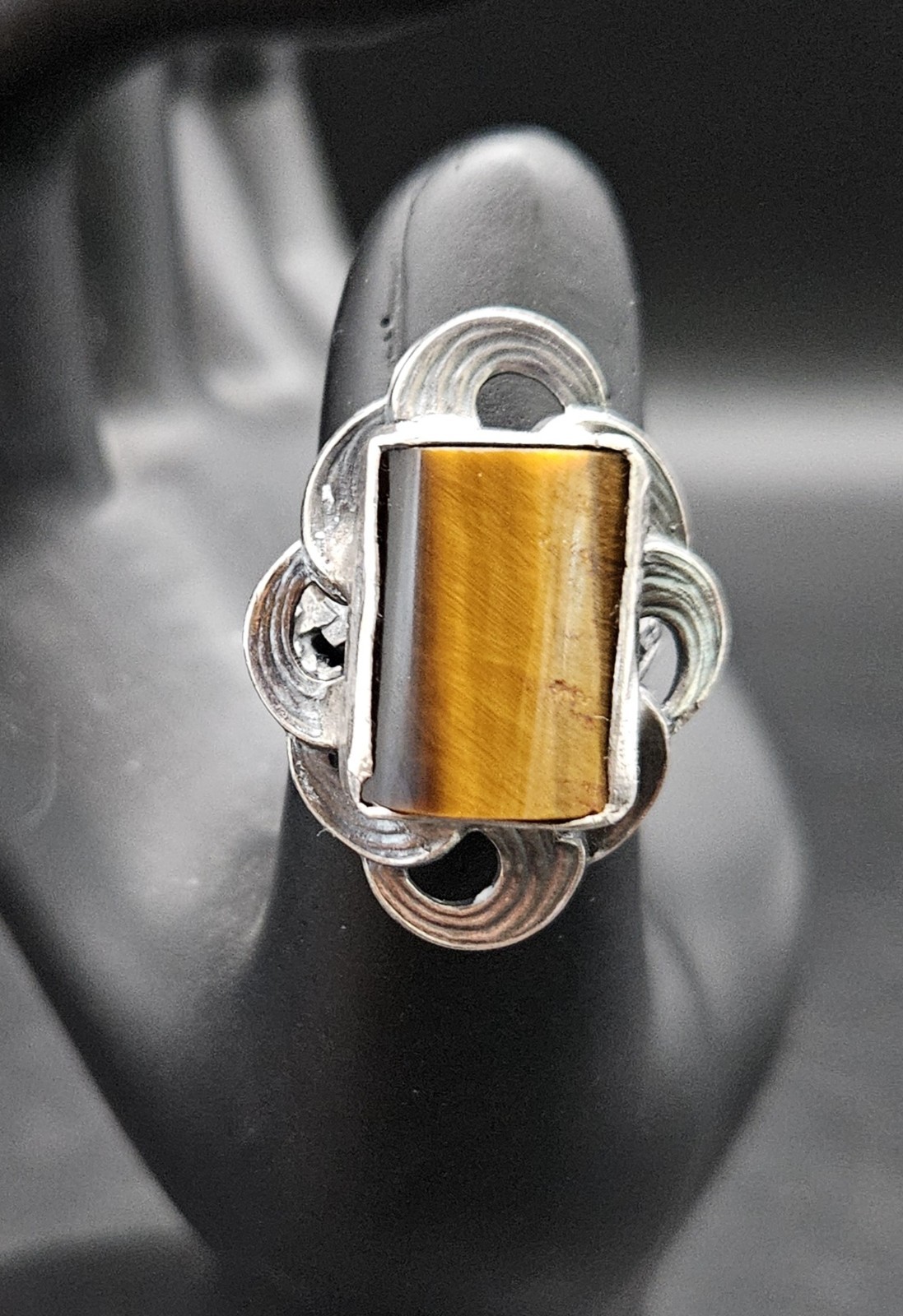 Natural Tiger Eye Gemstone Rectangle Ring 925 Ste… - image 1