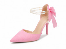 Women's Pink Pointed Toe Stiletto Heels Pearl Ankle Strap Bow Party Pumps