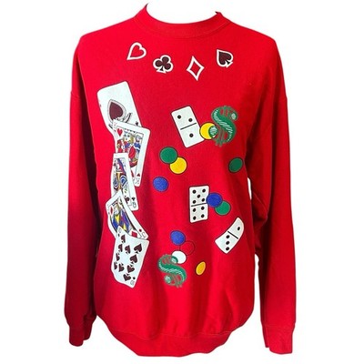 Vintage Gambling Sweatshirt Size Medium M Red Casino Cards Dominos Dice Betting