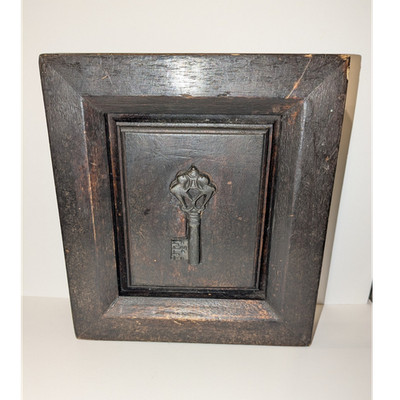 Embedded Rustic Skeleton Key in Wood Framed Wall Plaque