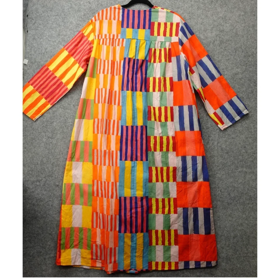 Patchwork Shift Kaftan Dress Womens L Colorful Striped Art to Wear Midi Oversize - Image 2 of 4