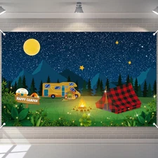 Remerry Camping Backdrop Fake Campfire Decoration Camper Birthday Party Banner H