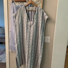 CP Shades Geometric Striped Linen Caftan Midi Dress Blue White Short Sleeve M