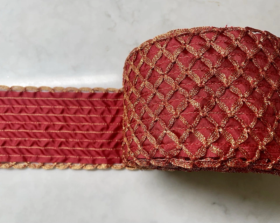 5 Rolls (50 Yards) Farrisilk Red Gold Victorian Crochet Wired Ribbon 4" X 10 YDS - Image 3 of 4