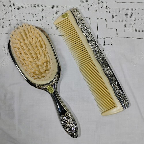 Vintage Ornate Hair Brush & Comb Set Silver Plated Vanity Set Hong Kong 1960's - Picture 1 of 15