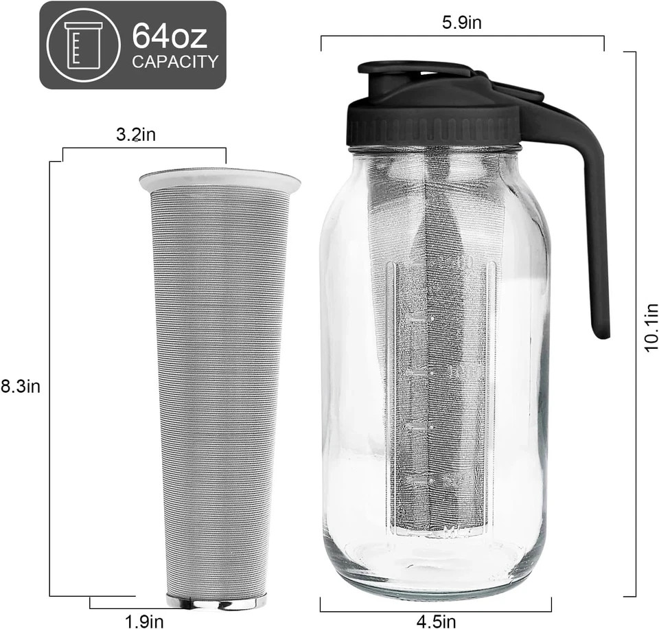 Cold Brew Coffee Maker,64 oz Mason Jar Pitcher with Stainless Steel Filter, Pour