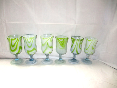 6 Carlo Moretti Italy Green & Blue Cased Glasses MCM Murano Art Glass Goblets