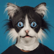 ADULT LATEX BLACK WHITE CAT MASK KITTEN KITTY ANIMAL COSTUME RUBBER WITH FUR 