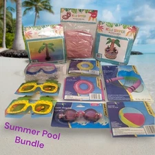 Summer Pool  Bundle - Swim Rings, Palm Tree Decor, Pool Chair, Ball, Sunglasses