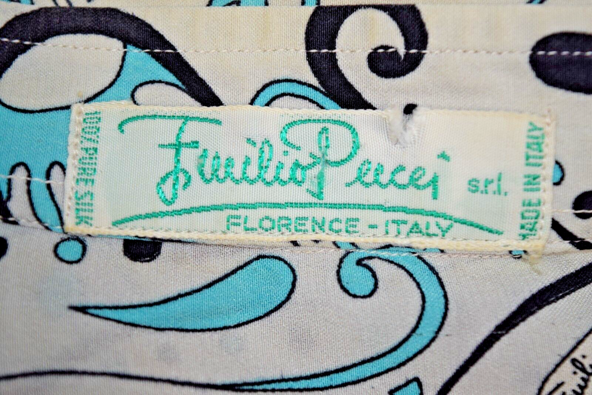 Emilio Pucci Shirt VTG 60s Pale Gray Turquoise Black Paisley Emilio Pucci Shirt VTG 60s Pale Gray Turquoise Black Paisley