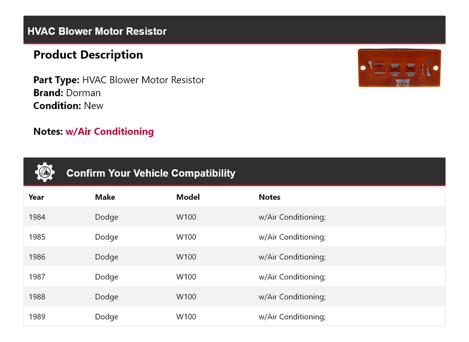 Resistencia de motor soplador de climatización para Dodge W100 Dorman 1984-1989 1985 1986 1987 1988 Foto 2 de 4
