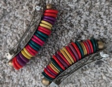 vintage painted wood disc 80s hair clip rainbow jewel tone barrette boho set 2