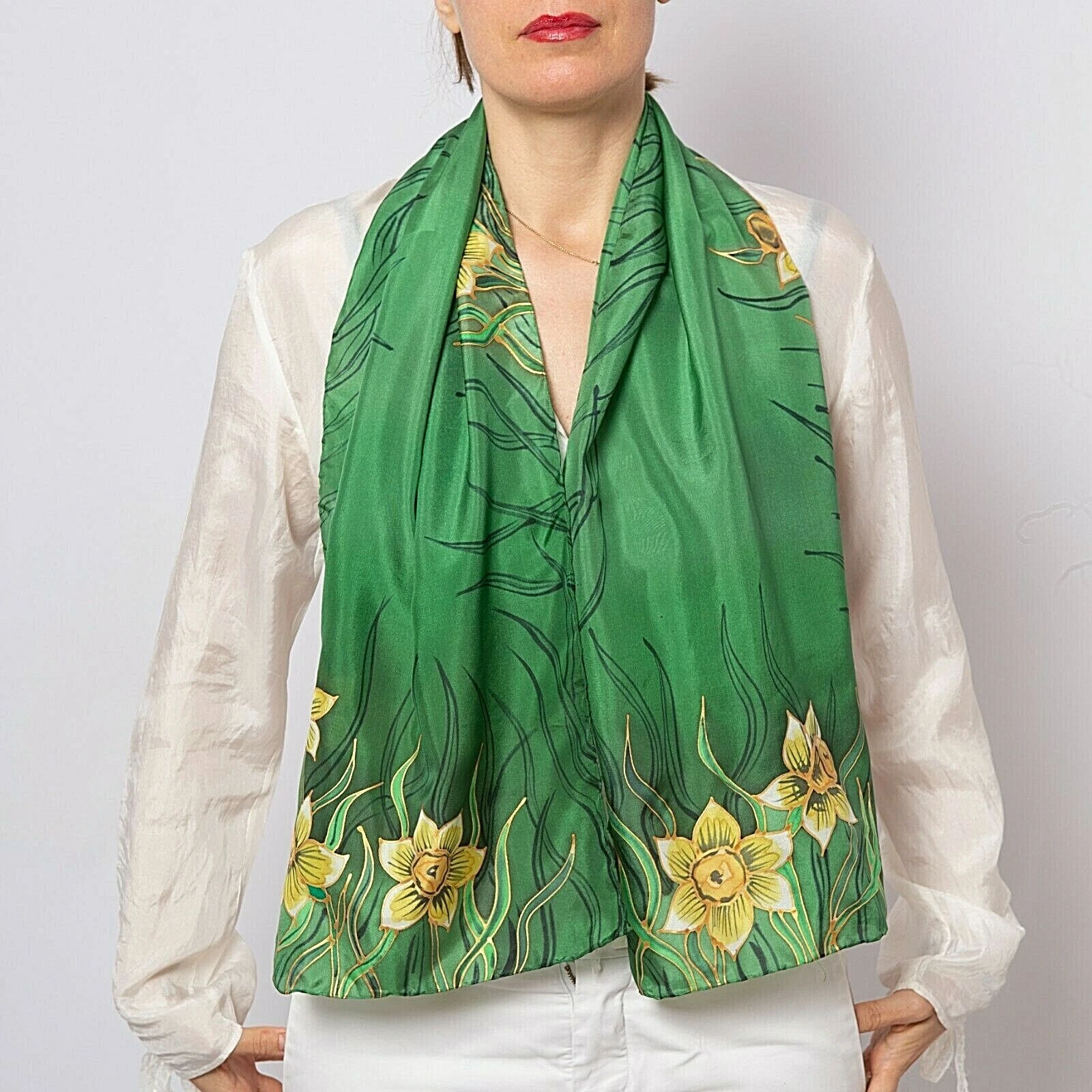 Daffodil Hand Painted Silk Scarf Spring Scarf Mother Day Gift Green Yellow Scarf