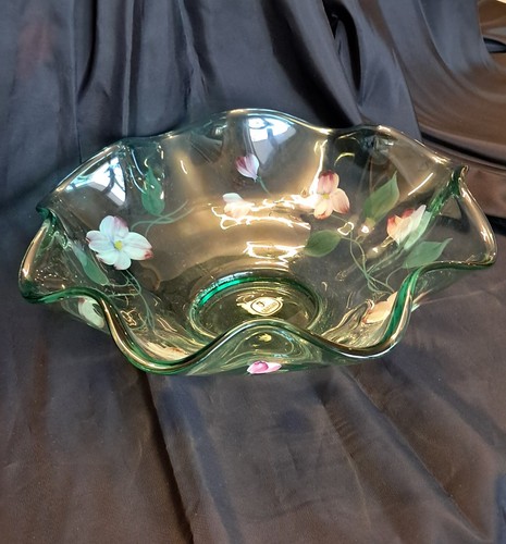 Vintage Fenton Floral Iridescent Satin Hand Painted Bowl Dish - Picture 3 of 12