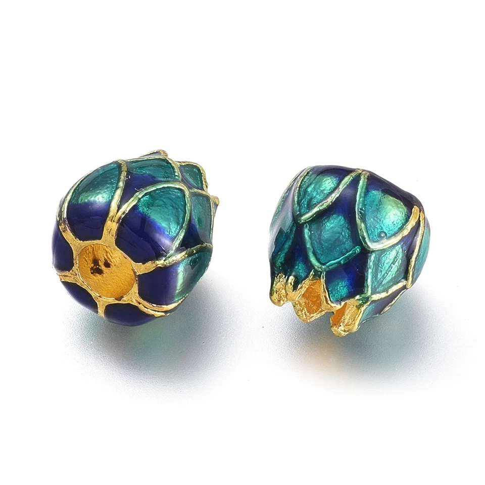 10 piezas cuentas de aleación de cian oscuro de loto chapadas en oro con esmalte 9x8,5 mm agujero 3,5 mm Foto 2 de 2