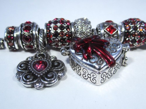 Brighton Double Heart Silver & Red Crystal Voyage Paris Slide Charm Bracelet - Picture 10 of 14