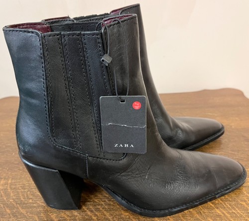 ZARA Black Women's Leather Heeled Ankle Chelsea Boots Size 10 (41) New w/Tags - Picture 2 of 9
