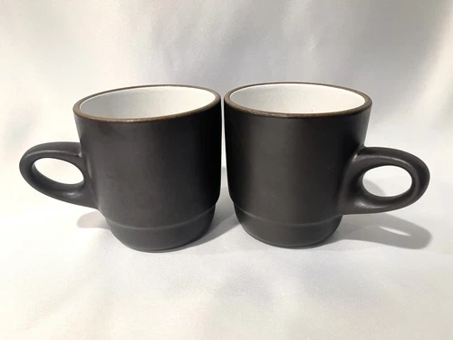 2 Mugs Coffee Tea Cups Brown Restaurant Ware Stoneware Pottery Vintage Stackable