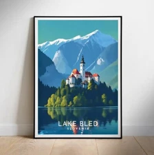 Slovenia Digital Travel Poster, Lake Bled Printable digital wall art