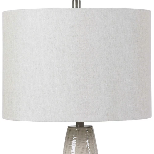 Elegant Beige Gray Tapered Ceramic Table Lamp Tall Round Silver Ribbed Pattern - Picture 6 of 8