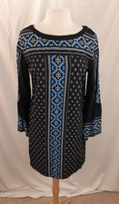 Ann Taylor Loft Women's M Black Blue Geometric Bell Sleeve Shift Dress Boho NWT