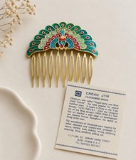 Vintage Cloisonn Brass Enamel Peacock Decorative Hair Combs 2.5 x1