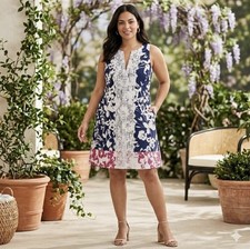 Eliza J 16W Navy White Floral Shift Dress Pink Colorblock Crochet Lace