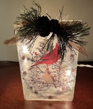 Christmas Cardinals Scene Lighted Glass Block Night Light Ambience Stony Creek