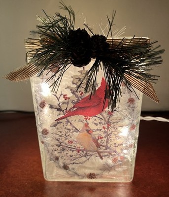 Christmas Cardinals Scene Lighted Glass Block Night Light Ambience Stony Creek