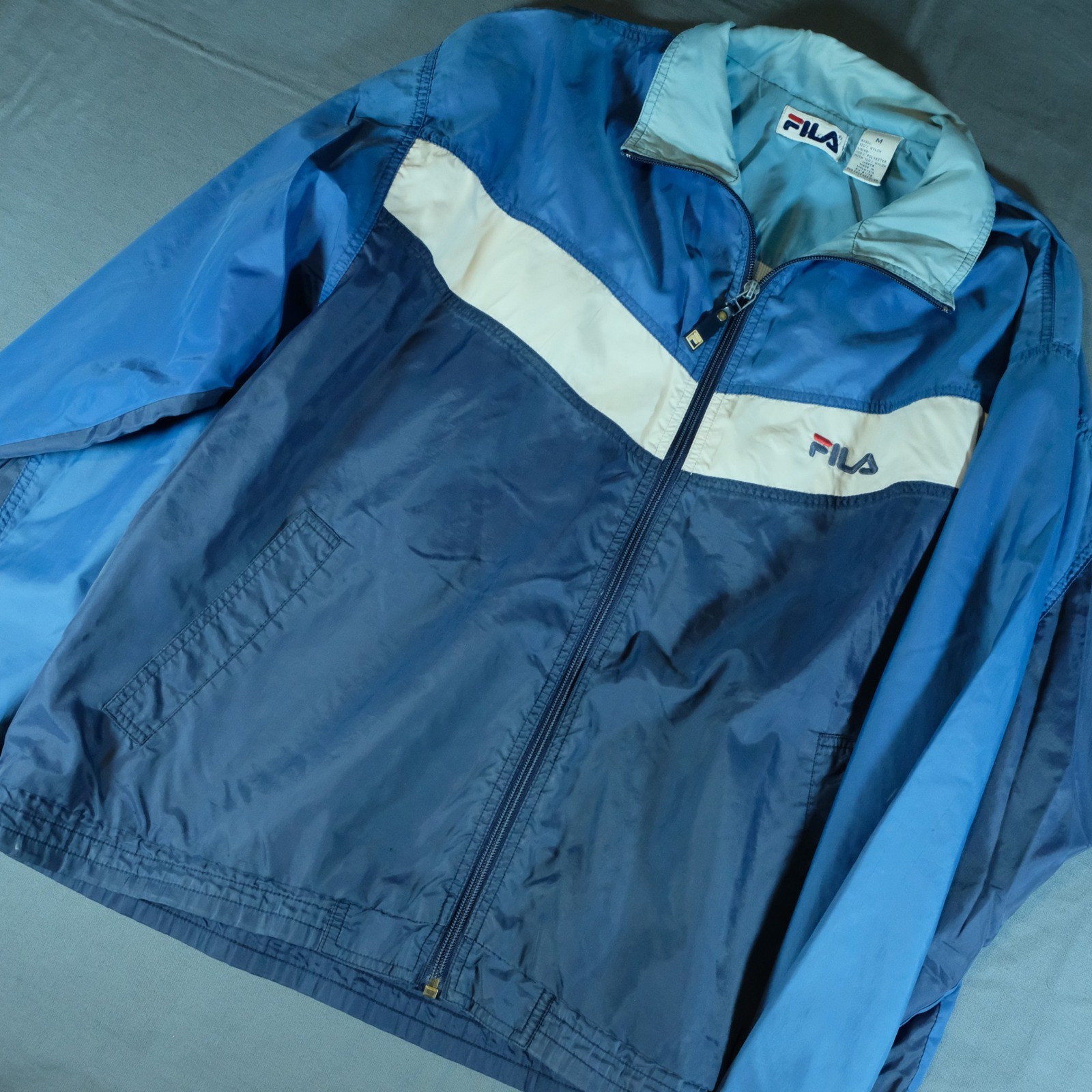 Fila, Vintage Fila Windbreaker Jacket Mens Medium Blue White Colorblock Full Zip Mesh