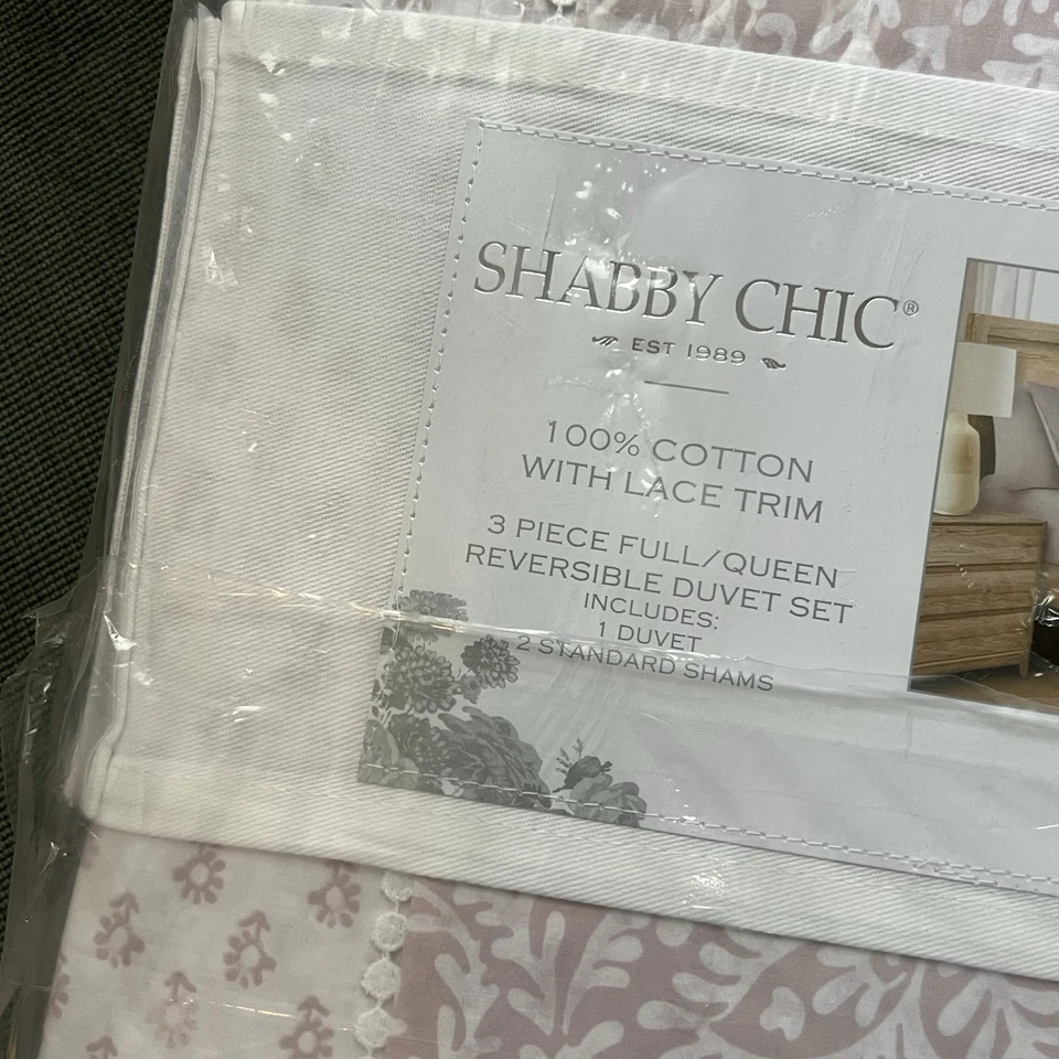 NUEVO Juego de edredón reversible de 3 piezas rosa/blanco Shabby Chic de encaje de algodón COMPLETO/QUEEN Foto 2 de 3