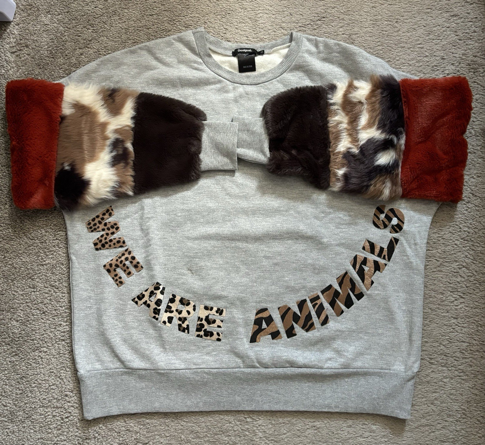 Desigual Gray Faux Fur Sleeves Medium Pullover Sw… - image 1