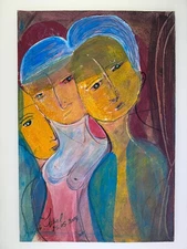 Original Gouache Painting Three Women Three Faces