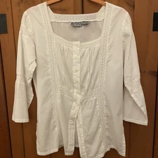 Raiment Fashions Blouse Women S White Cotton Crochet Trim Square Neck 3/4 Sleeve