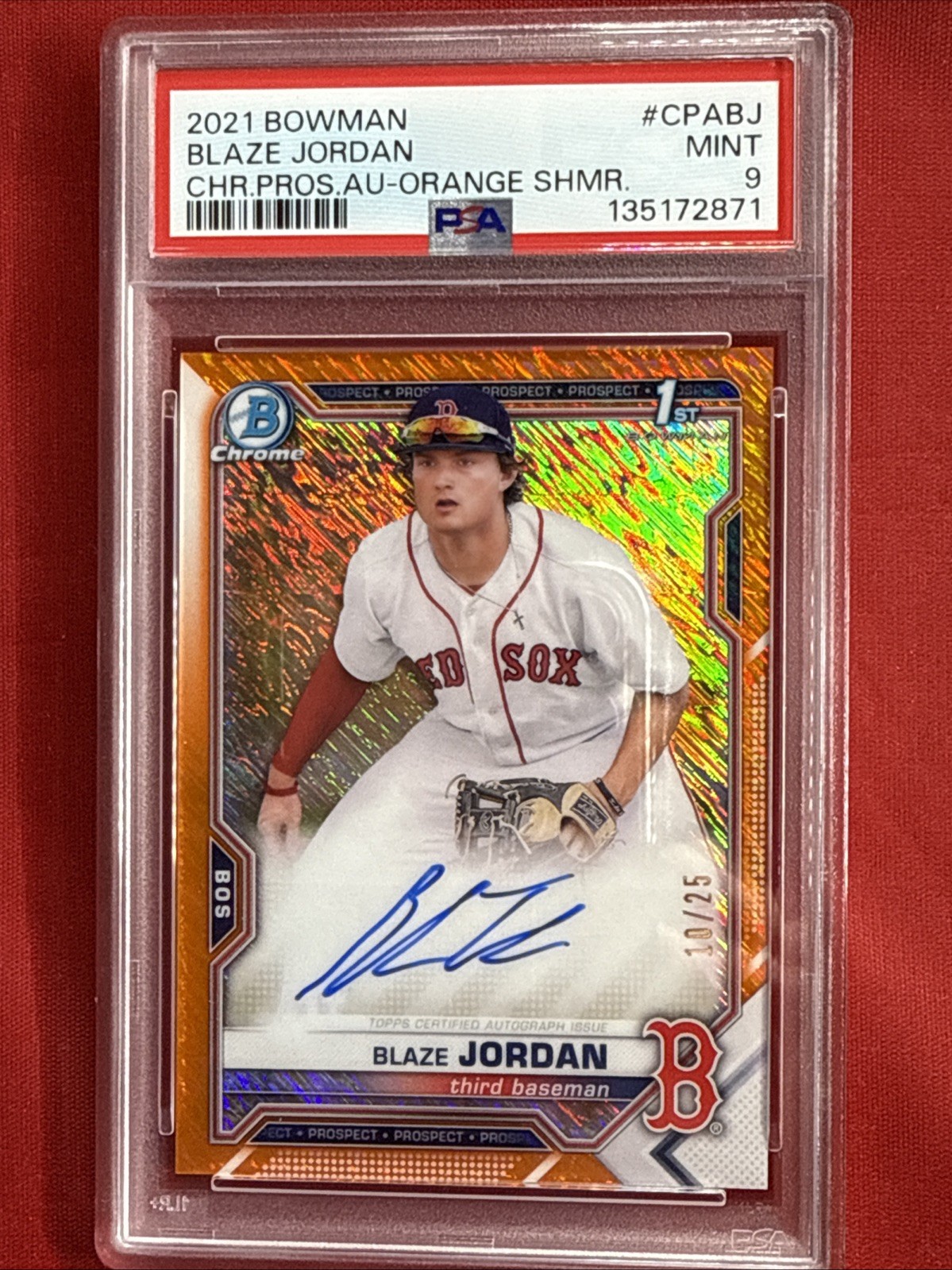 BLAZE JORDAN 1ST BOWMAN CHROME ON CARD AUTO #/25 - ORANGE SHIMMER REFRACTOR PSA9